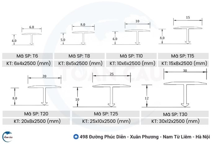 Nẹp T nhôm có những kích thước và màu sắc nào phổ biến?